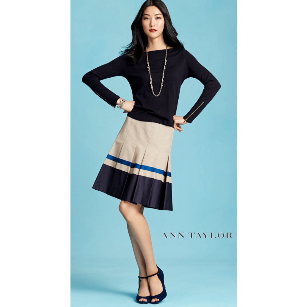 Ann Taylor A-Line Beige Navy Blue Striped Pleated Skirt‎ Size 2